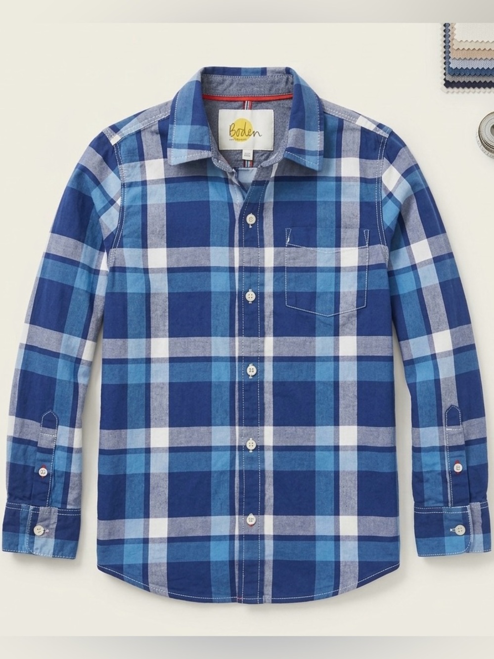 Boden Boys Blue and White Plaid Button-Down Shirt - fall staple - size 9/10